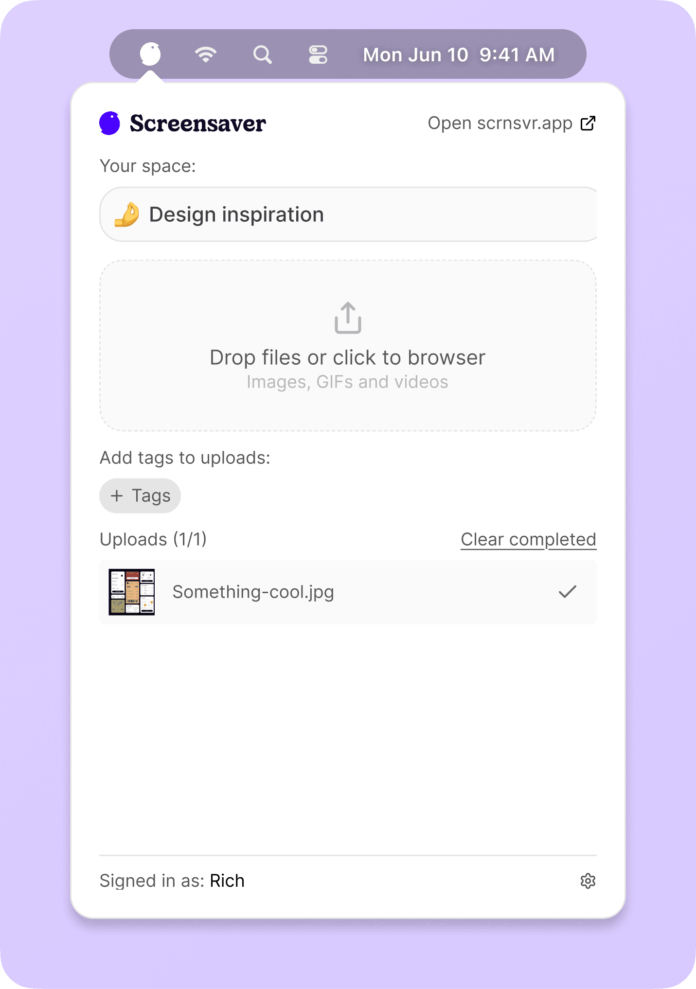 Scrnsvr menubar uploader